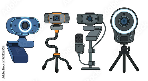 Collection of modern webcams and a microphone with stands illustrated