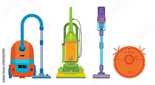 Colorful illustration of various vacuum cleaners including robotic models