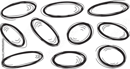 Hand drawn black and white oval shapes collection. Sketchy Ellipse Set: A series of hand-drawn ellipses in varying styles, offering a versatile