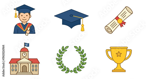 Graduation icons depicting academic achievement and higher education symbols