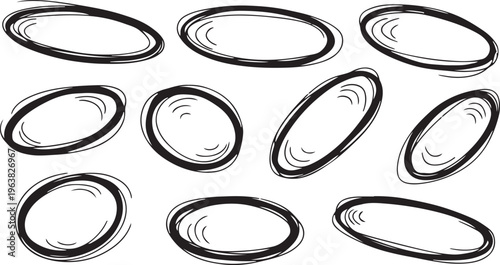 Hand drawn black and white oval shapes collection. Sketchy Ellipse Set: A series of hand-drawn ellipses in varying styles, offering a versatile
