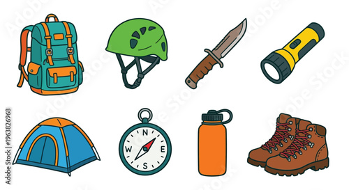 Outdoor adventure equipment backpack helmet tent and hiking gear