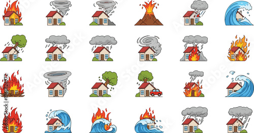 Natural disaster and hazard icon set with fire, tornado, flood, volcano and storm scenes, emergency risk illustration collection isolated on white background