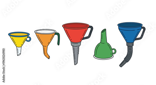 Colorful funnels in a row a playful illustration of filtering tools