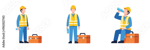 Construction worker with toolbox, flashlight, and water bottle