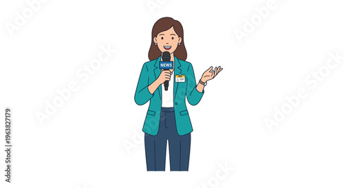 A female news reporter delivering a broadcast with a microphone and professional attire