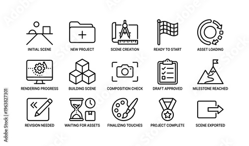 Workflow icons illustrating project stages from initiation to completion