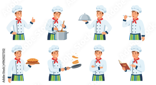 Diverse set of cartoon chefs demonstrating various cooking actions and poses