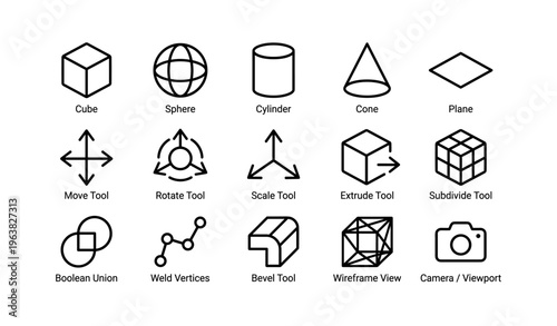3d modeling icons: tools for transform, shape, view, and edit