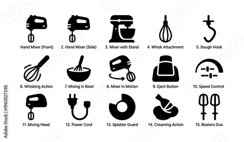 Kitchen mixer icons with attachments and functions illustrated
