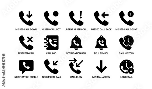 Phone call symbols: missed calls, notification icons, and arrows