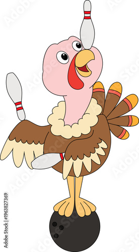 Funny turkey bird playing bowling cartoon mascot balancing ball illustration