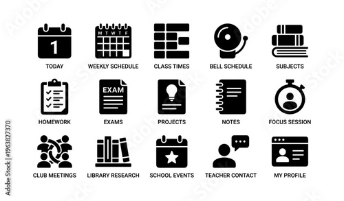 Education icons for school planning with schedules, exams, homework, and projects