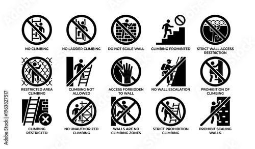 Wall climbing prohibition signs collection with safety warnings