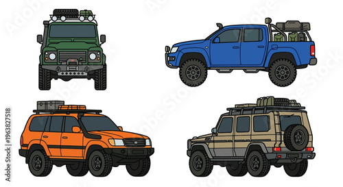 Cartoon illustration of four off road vehicles with roof racks and accessories