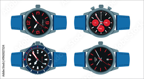 Four wristwatches with varying face designs and blue straps are displayed
