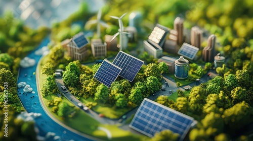 A miniature model of a sustainable city with solar panels and wind turbines surrounded by lush greenery and a winding river