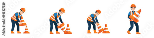 Construction worker arranging traffic cones with transparent background