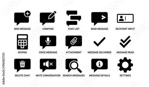 Communication icons: message, compose, chat, voice, settings, delivered, read, attach