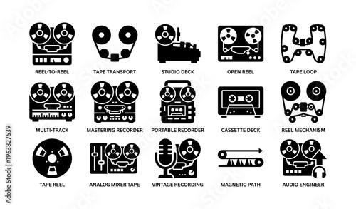 Retro audio equipment icons: reel-to-reel, tape transport, studio deck, open reel, vintage recorders