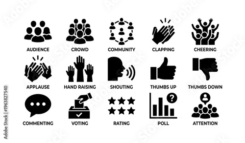 Icons representing audience interaction: applause, voting, thumbs up, cheering, rating