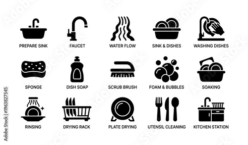 Kitchen utensil icons for dishwashing and cleaning with sink and faucet