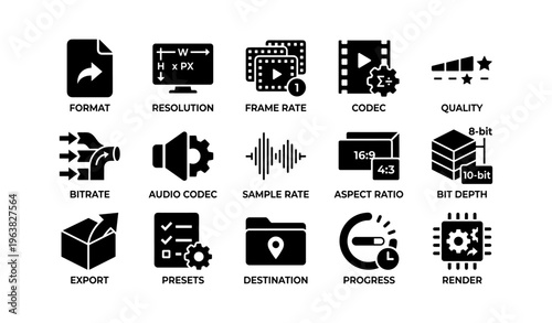 Video editing icons: format, resolution, codec, quality, bitrate, export