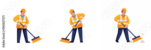 Construction worker sweeping debris with transparent background