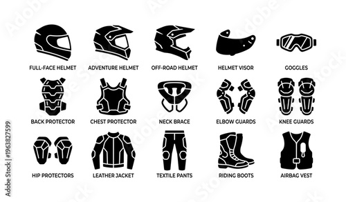 Motorcycle safety gear icons: helmets, protectors, goggles, boots, vests