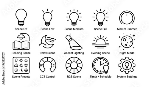 Smart home lighting control interface with various scene icons