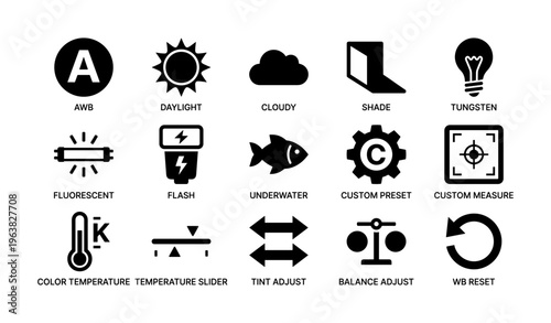 Camera settings icons for white balance and lighting adjustments