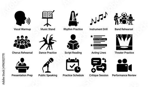 Rehearsal and performance preparation activities icons set