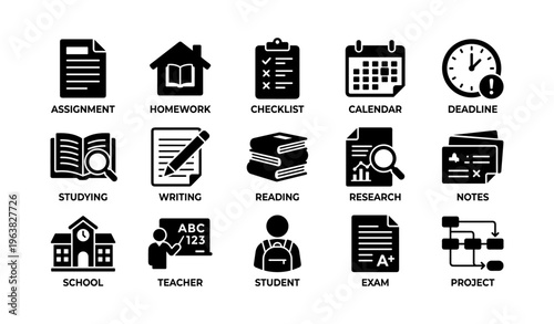 Education and academic icons: study, reading, writing, exam, research tools