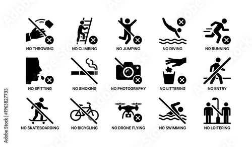 Prohibited activities signs: no throwing, climbing, jumping, diving, running, spitting
