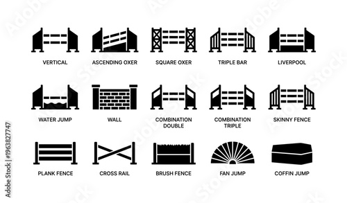 Equestrian jump types: vertical, ascending oxer, square oxer, triple bar, liverpool