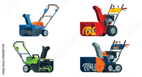 Four colorful cartoon illustrations of different snow blower machines