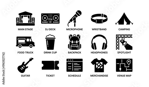 Festival icons: music stage, dj deck, microphone, wristband, camping gear
