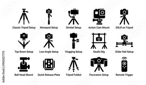 Camera equipment icons: tripods, mounts, rigs, sliders, remotes