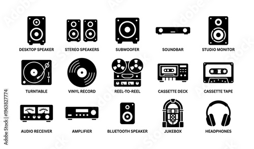 Icon set of audio equipment: speakers, turntable, jukebox, and more