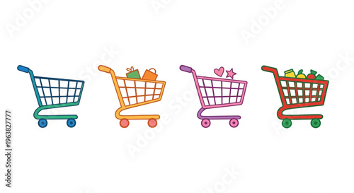 Four colorful shopping carts filled with various goods are displayed in a row