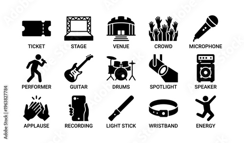 Music concert icons: ticket, stage, crowd, instruments, performer, applause, energy