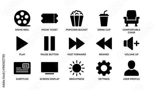 Cinema icons: movie reel, ticket, popcorn, drink, chair, controls, subtitles, settings