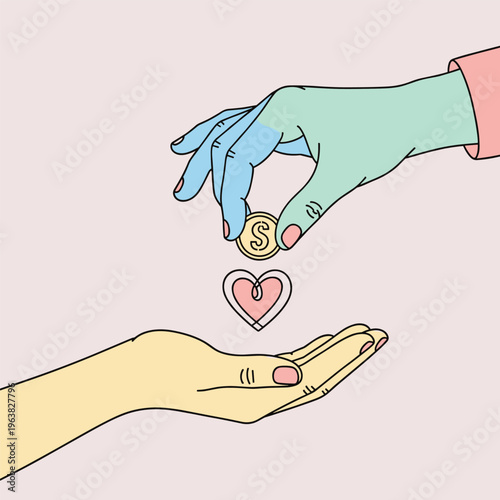 Hands exchanging coin and heart symbol.
