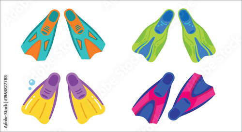 Colorful collection of cartoon swimming flippers arranged on a white background