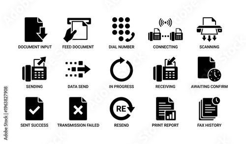 Set of 16 fax machine icons featuring actions and status indicators