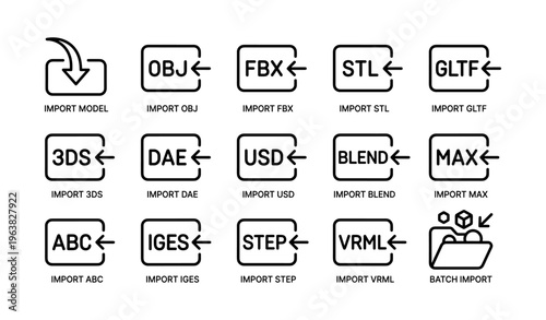 3d file format icons: obj, fbx, stl, gltf, 3ds, dae, usd, blend, max, stl