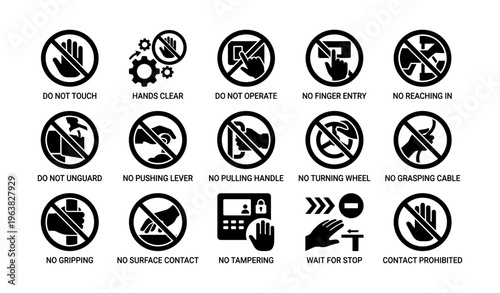 Safety symbols: prohibited actions and precautions in black circle signs