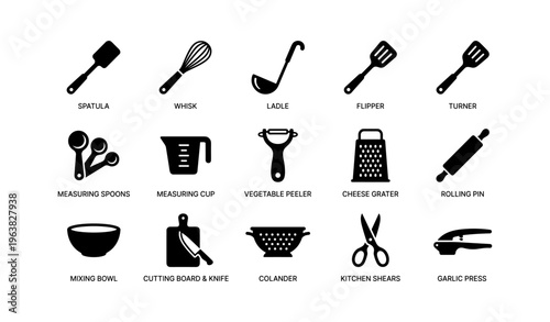 Collection of essential kitchen utensils for cooking and baking