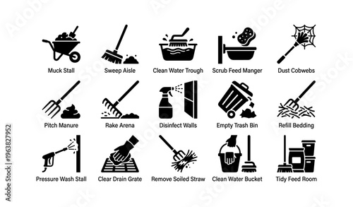 Farm cleaning icons set featuring various chore illustrations in black and white