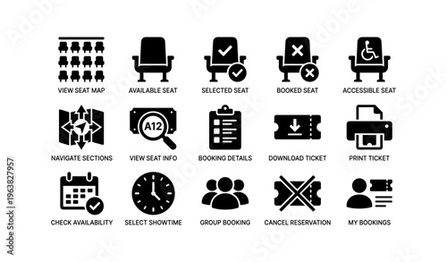 Theater seating interface icons for booking tickets and reservations